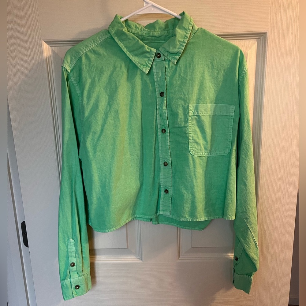 Lime Green Cropped Button-Up Shirt